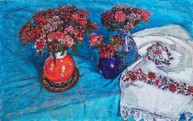 «Натюрморт з українським рушником і турецькою гвоздикою» 1970. Полотно, олія